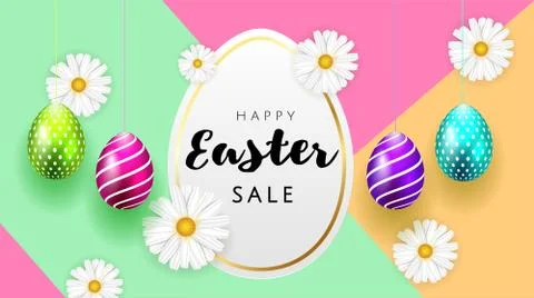 Happy Easter background template with beautiful camomiles and eggs. Happy Easter Stock Illustration