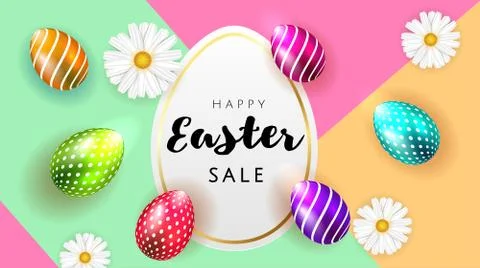 Happy Easter background template with beautiful camomiles and eggs. Happy Easter Stock Illustration