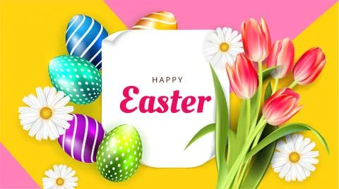 Happy Easter background template with beautiful camomiles tulip and eggs. Happy Stock Illustration