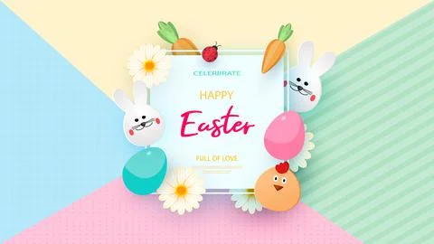 Happy Easter background template with beautiful camomiles and eggs. Vector Stock Illustration