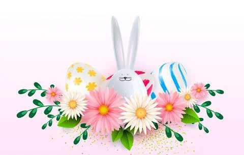 Happy Easter background template with beautiful camomiles and eggs. Vector Stock Illustration