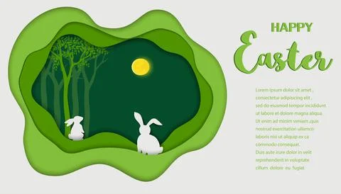 Happy Easter background,paper art landscape with hare on spring forest Stock Illustration