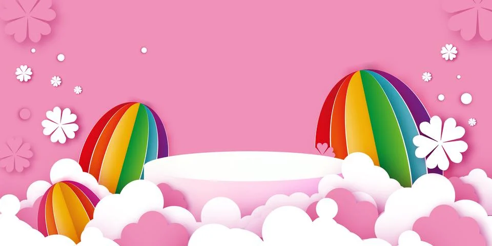 Happy Easter banner 3D Podium scene or pedestal on pink bg with paper cut eggs Stock Illustration