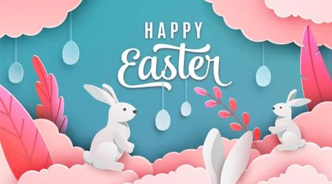 Happy easter banner background. Holiday greeting in paper cut 3d style with 스톡 일러스트