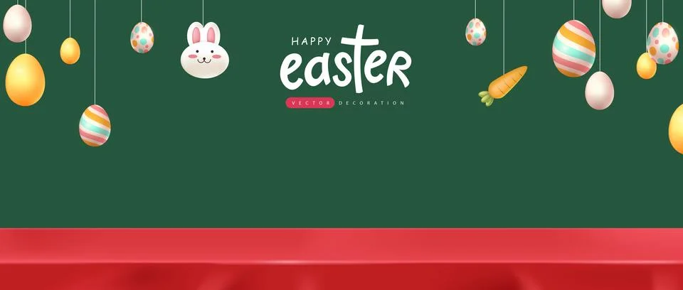 Happy easter banner background with red tablecloth product display Illustrazione stock