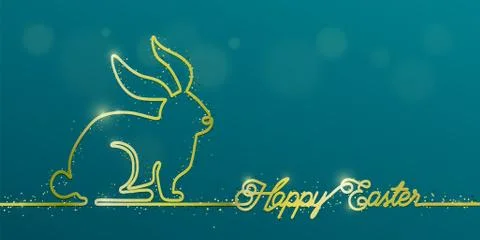 Happy Easter banner background in simple gold one line style with shine bunny Illustrazione stock