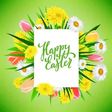 Happy Easter banner background template with beautiful realistic spring flowers Illustrazione stock