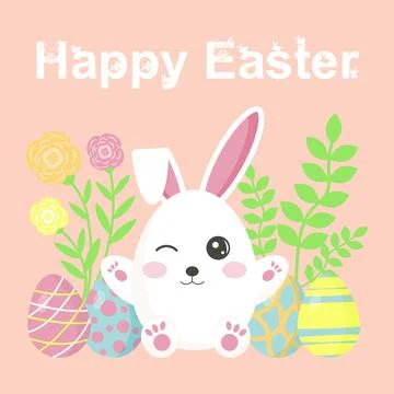 Happy Easter banner with bunny, eggs, flowers and twigs. Rabbit in the form o 스톡 일러스트