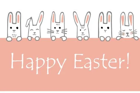 Happy Easter banner with bunny faces and paws. Rabbits border or greeting card Stock Illustration