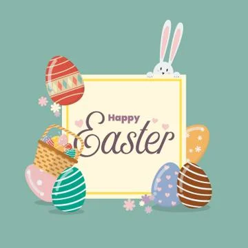 Happy Easter banner with bunny rabbit and eggs Illustrazione stock