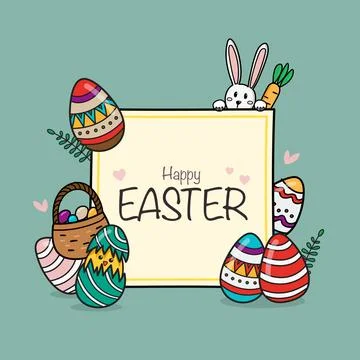 Happy Easter banner with bunny rabbit and eggs doodle style Illustrazione stock