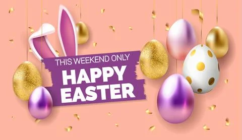 Happy Easter banner, card, cover, poster or flyer design in 3d realistic style Stock Illustration