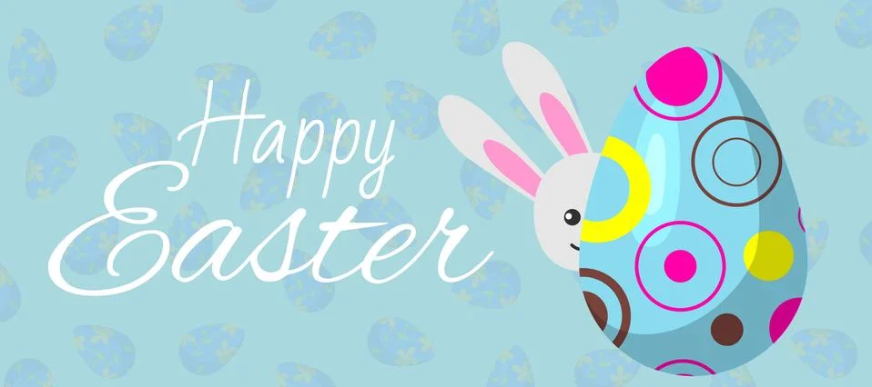 Happy easter banner cartoon vector illustration. Greeting card with rabbit and Stockillustratie