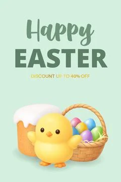 Happy Easter banner with chick, cake and basket of eggs. 3D realistic holiday Stock Illustration