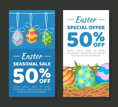 Happy Easter Banner with Decorated Egg Shell Vector Template Illustrazione stock