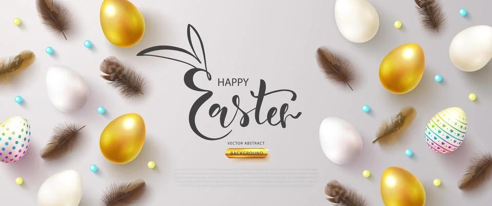 Happy Easter banner with decorated eggs and feathers.Festive background for Stock Illustration