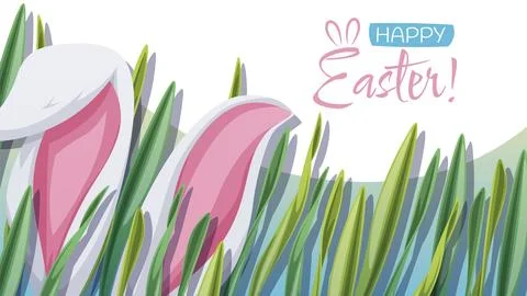 Happy Easter Banner Design with Bunny Ears Peeking from Grass. Happy Easter C イラスト素材