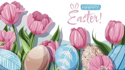Happy Easter Banner Design with Colorful Easter Eggs and Pink Tulips. Vector  Stock Illustration