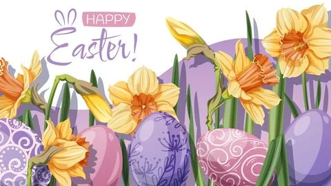 Happy Easter Banner Design with Colorful Easter Eggs and yellow daffodils. Ve Stock Illustration