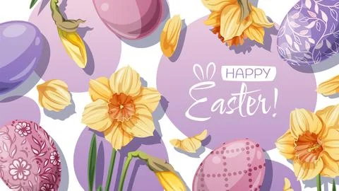 Happy Easter Banner Design with Colorful Easter Eggs and yellow daffodils. Ve Stock Illustration