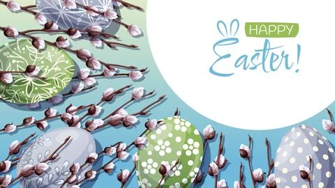 Happy Easter Banner Design with Colorful Easter Eggs and Fluffy Willow Branch Stock Illustration