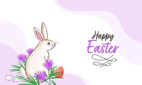 Happy Easter Banner Design with Cute Cartoon Rabbit Sitting on Floral with .. Stock Illustration