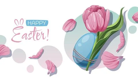 Happy Easter Banner Design with a Decorated Colorful Easter Egg and a Pink Tu Stock Illustration