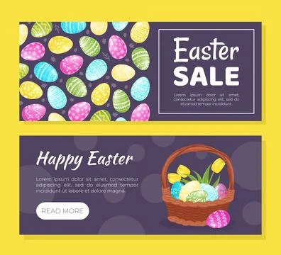 Happy Easter Banner Design with Eggs and Tulip Flower Vector Template Stock Illustration