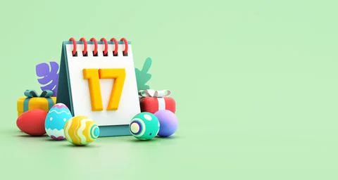 Happy Easter banner design template with painted eggs and a calendar in paste Foto stock