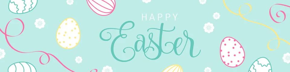 Happy easter banner with easter eggs, ribbon and flowers flat design vector Stock Illustration