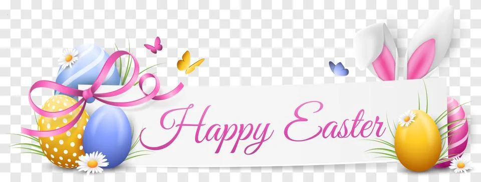 Happy easter banner with easter eggs, easter bunny and flowers Stock Illustration