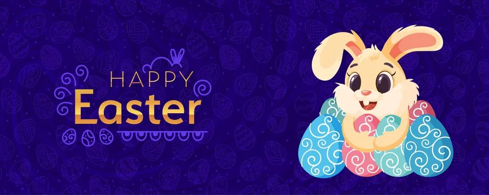 Happy Easter Banner featuring Cute Bunny Rabbit and Patterned Eggs on Dark .. Illustrazione stock