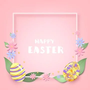 Happy Easter banner with frame, colorful holiday eggs and flowers. Templates  Stock Illustration
