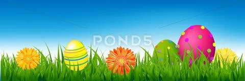 Happy easter banner with grass and eggs Stock Illustration