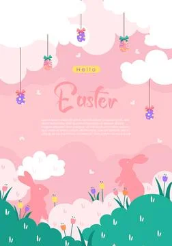 Happy Easter banner. Greeting card, poster or banner with bunny, flowers and Stock Illustration