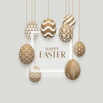 Happy Easter banner with hanging patterned eggs Stock Illustration