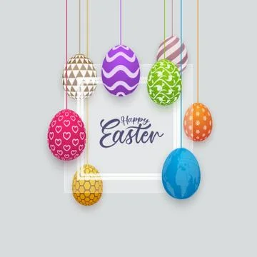 Happy Easter banner with hanging patterned eggs Stock Illustration