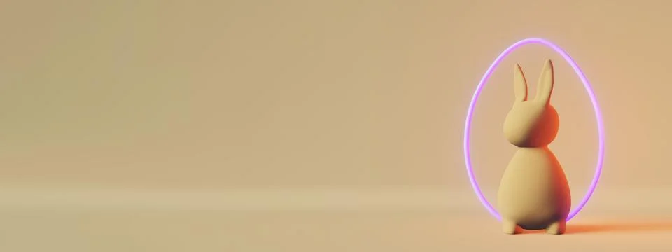 Happy Easter banner header matte pastel bunny purple neon egg 3d rendering Stock Illustration