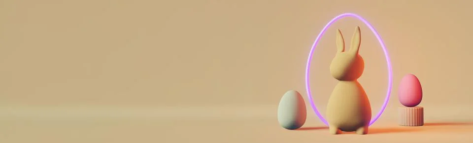 Happy Easter banner header matte pastel bunny purple neon egg 3d rendering 스톡 일러스트