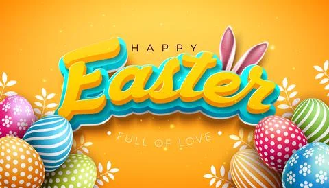 Happy Easter Banner Illustration with Painted Egg and 3d Typography Lettering Stock Illustration