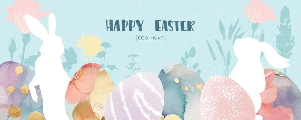 Happy Easter banner. Modern design with decorated eggs, bunnies, flowers an.. Illustrazione stock