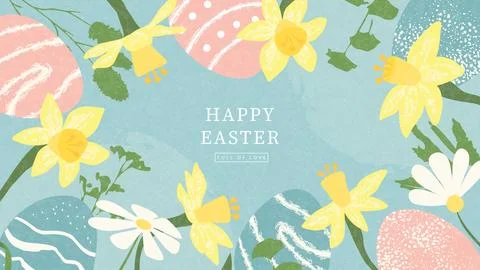 Happy Easter banner. Modern design with decorated eggs, daffodils, daisies and Stock Illustration
