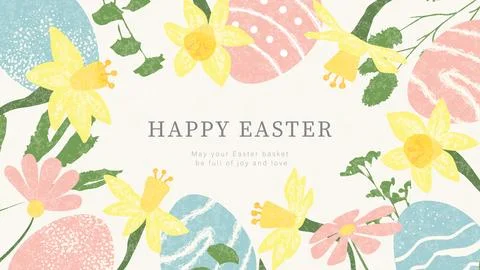 Happy Easter banner. Modern design with decorated eggs, daffodils, daisies and Stock Illustration