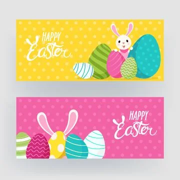 Happy Easter Banner or Header Set with Colorful Painted Eggs with Cute Bunn.. Stock Illustration