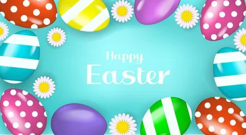 Happy Easter banner poster with realistic Easter eggs and chamomile. Spring cute Stock Illustration