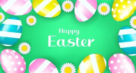 Happy Easter banner poster with realistic Easter eggs and chamomile. Spring cute Stock Illustration