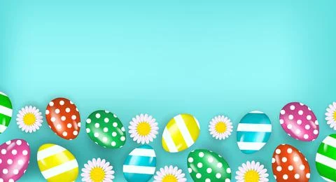 Happy Easter banner poster with realistic Easter eggs and flowers. Spring cute Stock Illustration