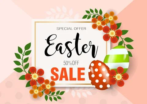 Happy Easter banner poster with realistic Easter eggs and flowers. Spring cute Stock Illustration