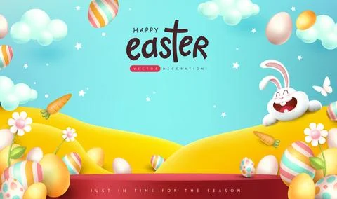 Happy easter banner product display with spring season nature landscape Stock Illustration