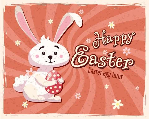 Happy Easter banner retro. Greeting card with rabbit, bunny, egg. Vector Stock Illustration